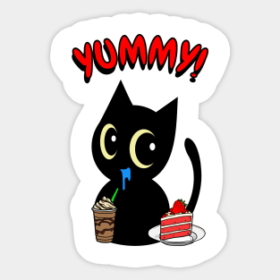 Cute black cat is having coffee and cake Sticker